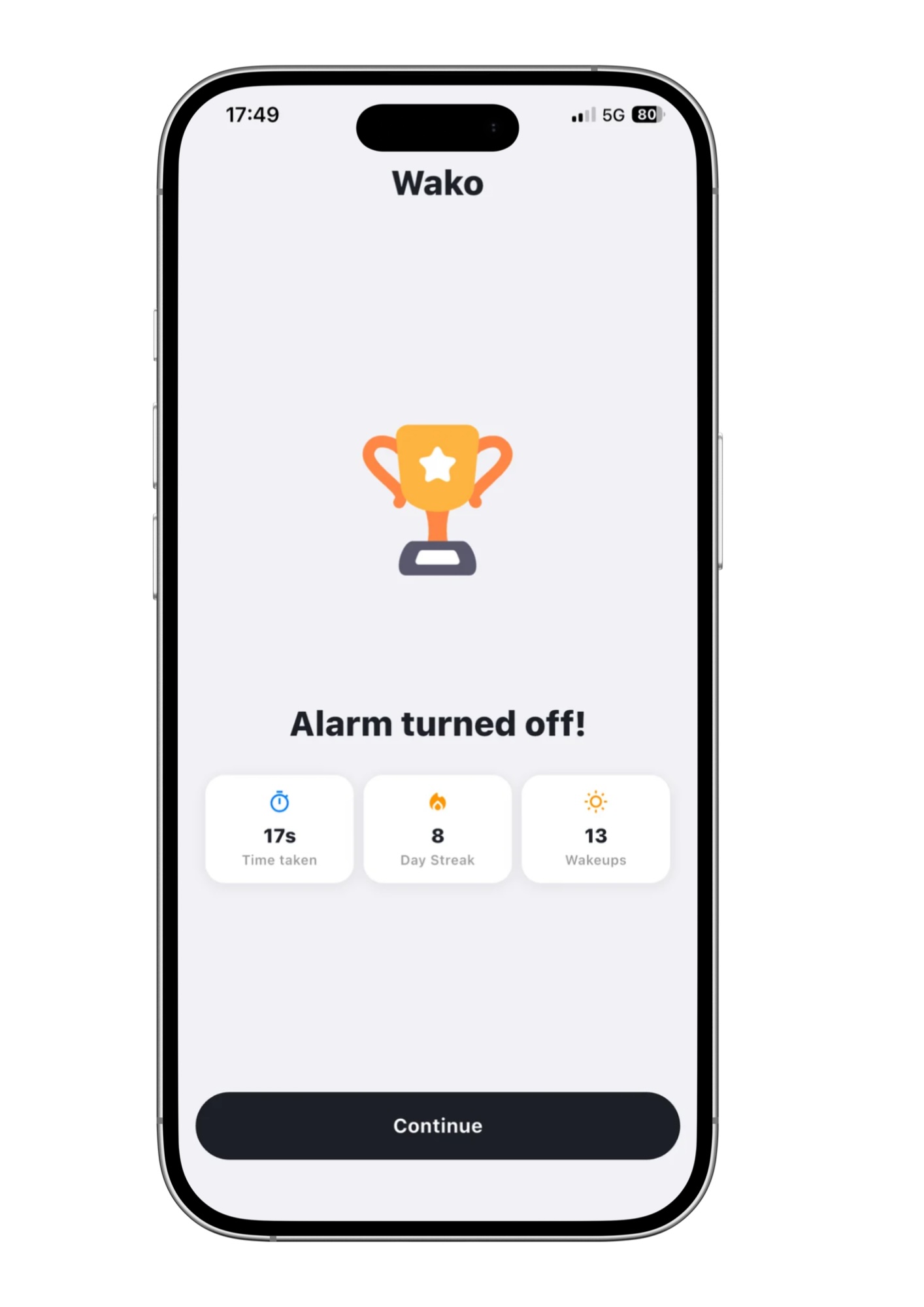 Wako app alarm turned off confirmation screen showing a 12 day streak